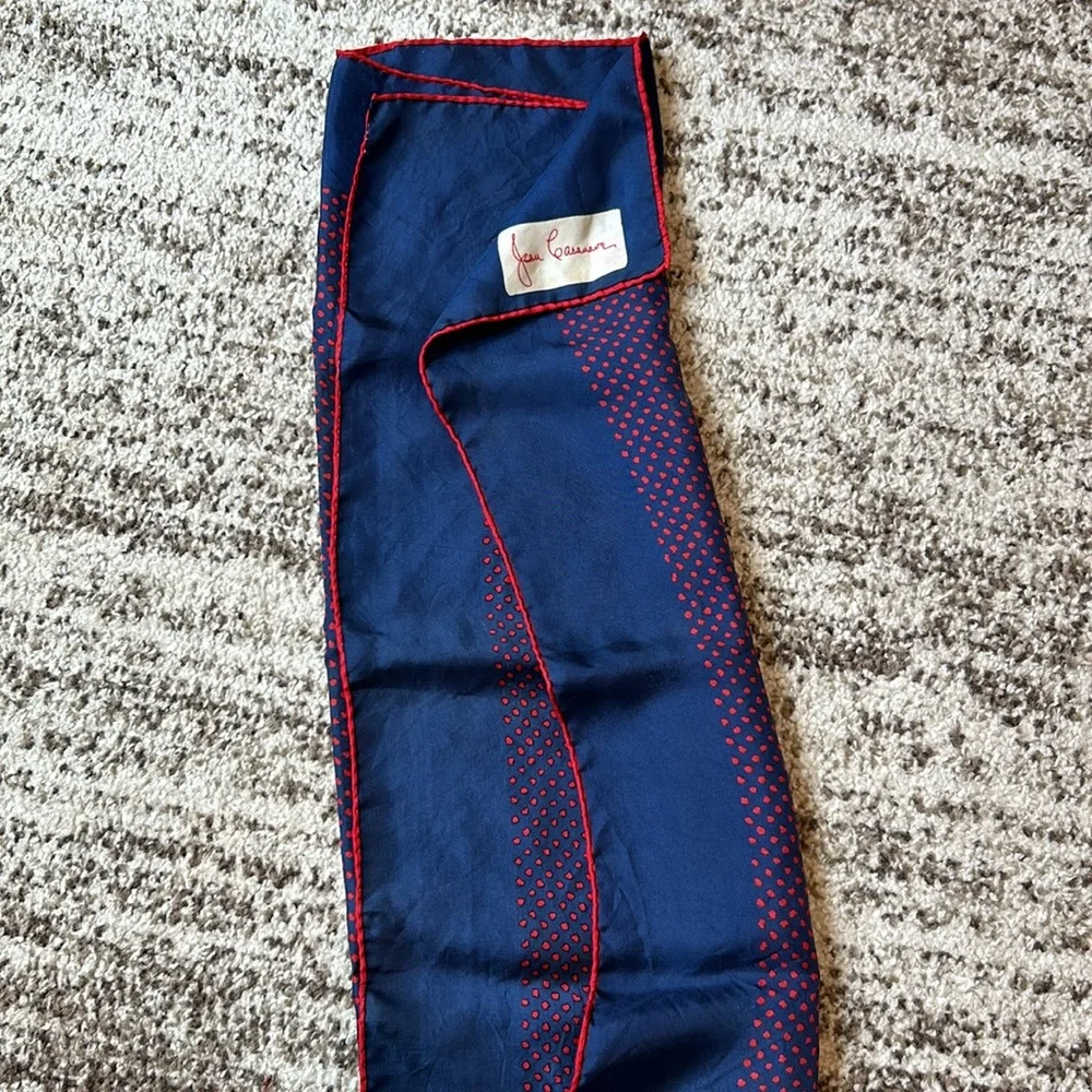 Scarf with red and navy pattern 26x26” square. - Picture 2 of 2